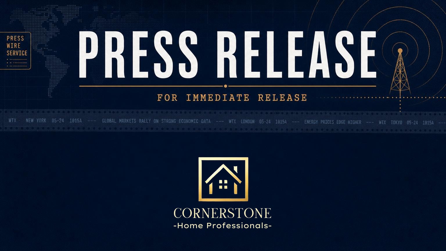 Press Release announcement graphic with press wire motifs and the Cornerstone Home Professionals logo